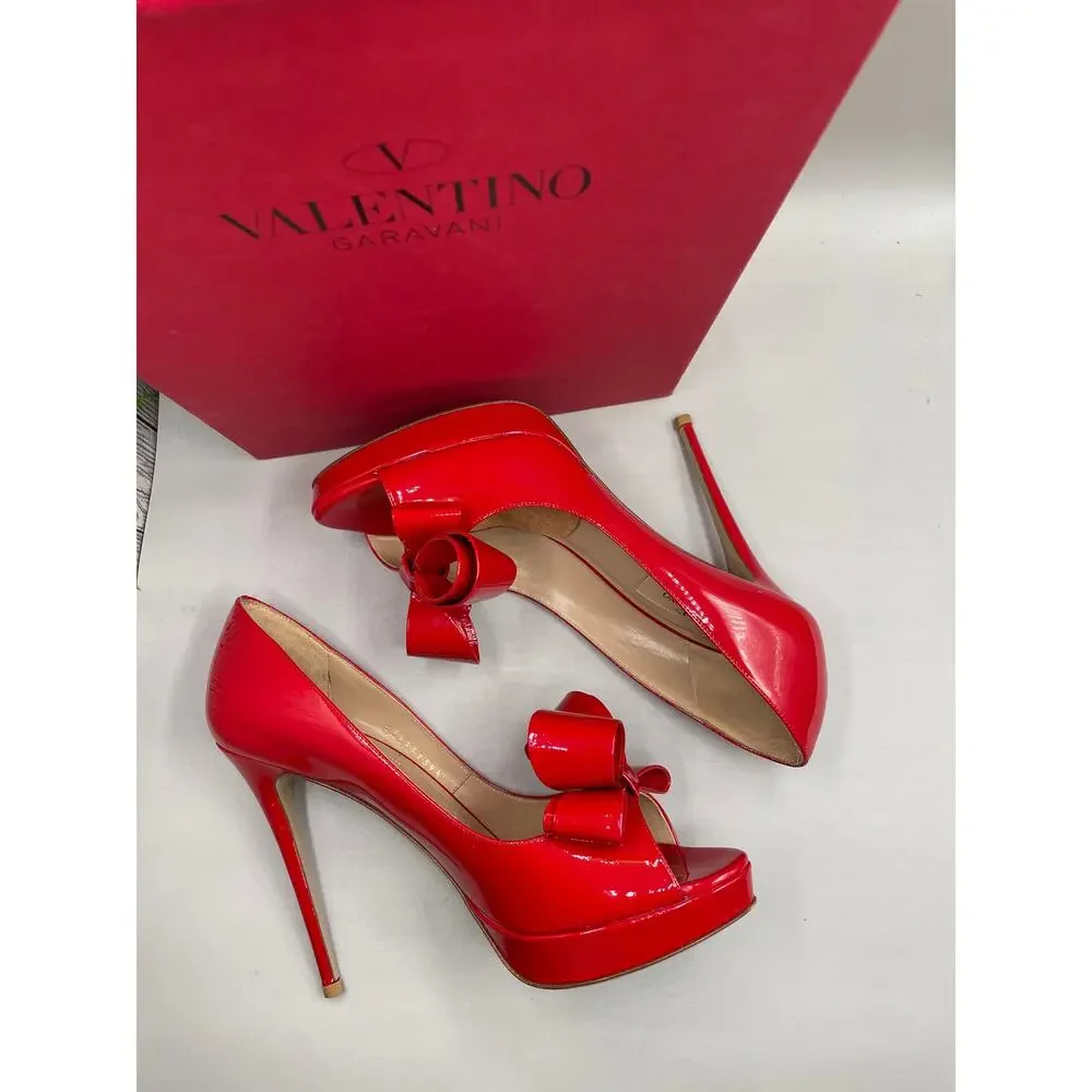 Valentino‎ Garavani Couture Open Toe Bow Red Patton Leather Womans Pump Heels 39